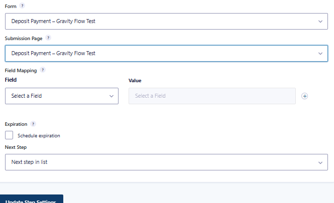 Gravity Flow Form Connector field mapping from Project Request name, email, and budget fields to Deposit Payment form fields