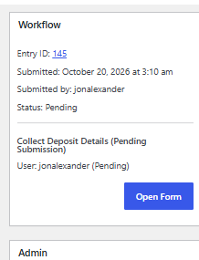Gravity Flow Form Submission step opening a prefilled Deposit Payment form with mapped name, email, and deposit amount values