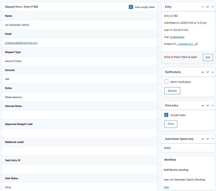 Request Form submission details showing Task Status set to Done
