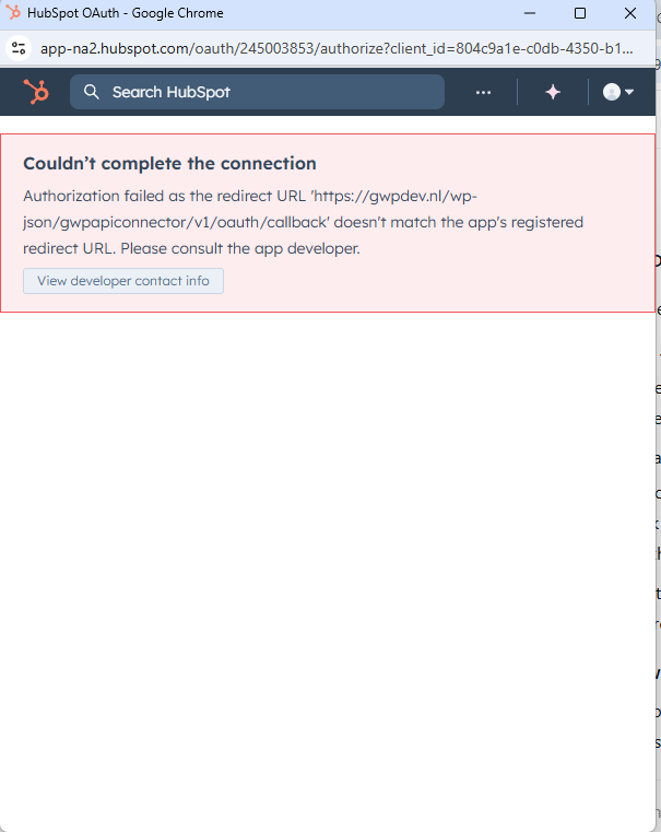 OAuth authorization failed message showing redirect URI does not match registered redirect URL