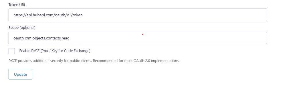 Connection settings panel showing Token URL, Scope field, and PKCE toggle