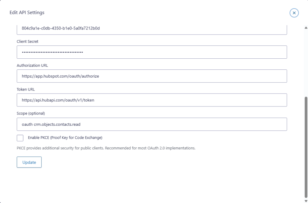 API Connector connection editor showing Client ID, Client Secret, Authorization URL, and Token URL fields