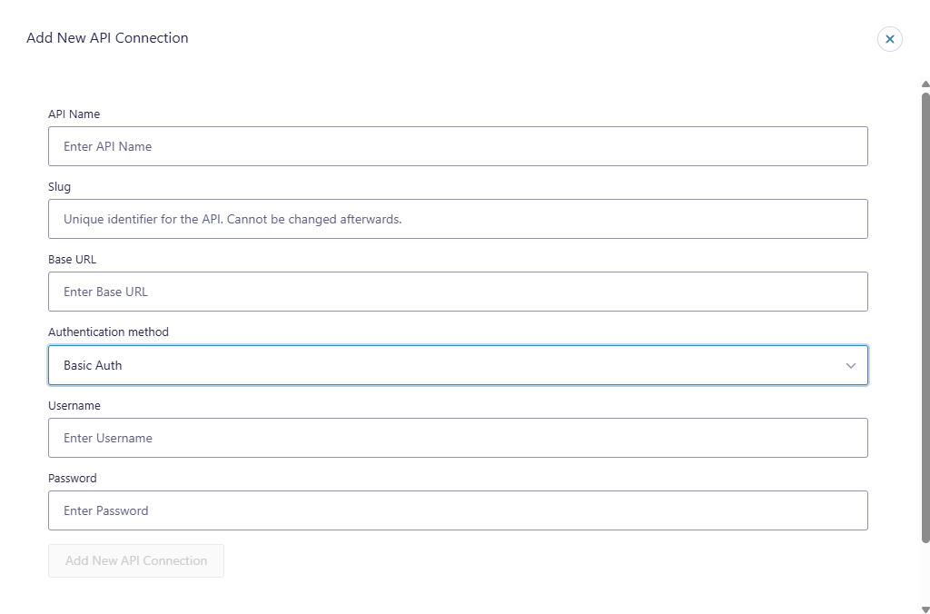 API Connector Basic Authentication connection fields with username and password inputs