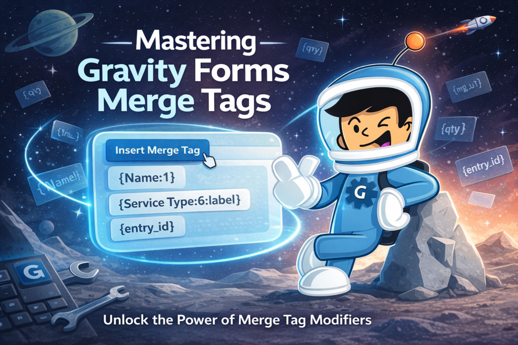 Decorative image, displaying the GravityWP avatar in space with merge tags