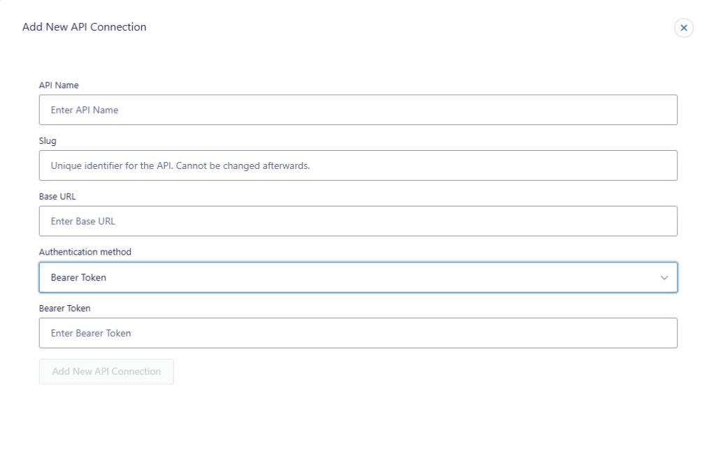 API Connector Bearer Token authentication method showing Base URL and Bearer Token field