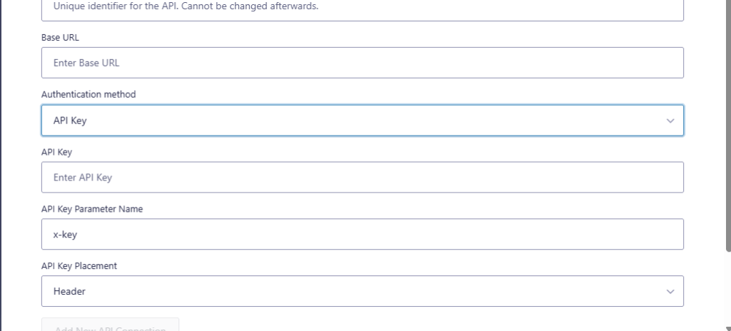 API Connector API Key parameter name field and API key placement dropdown set to Header