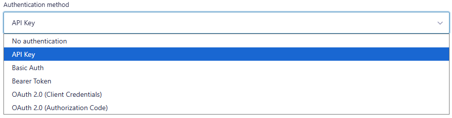 API Connector authentication method dropdown with “OAuth 2.0 (Authorization Code)” selected