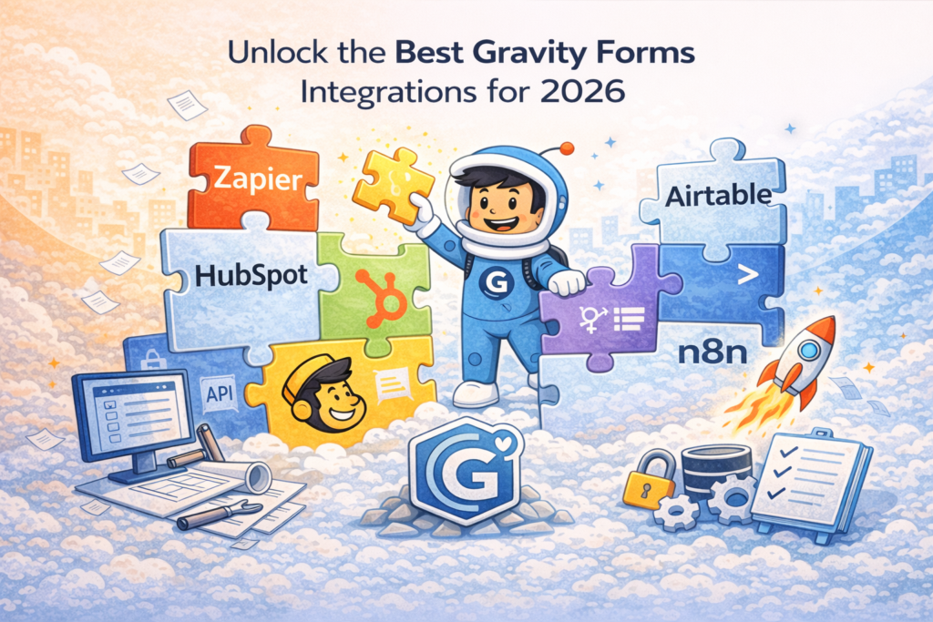 Cartoon GravityWP mascot showing different Gravity Forms integrations for CRM, email, API, database, and automation workflows