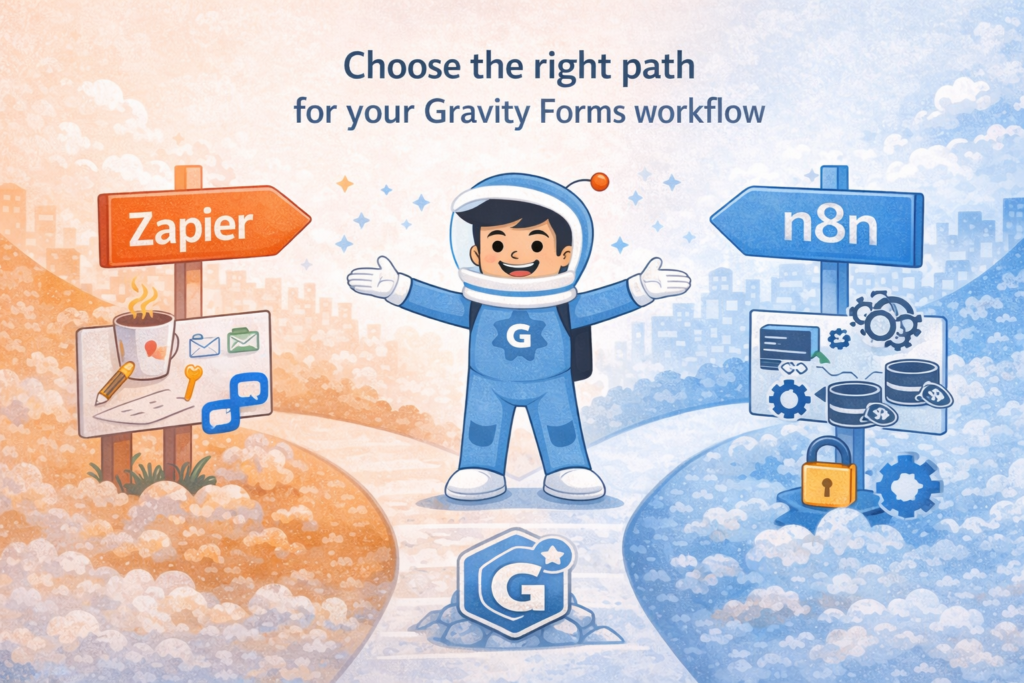 Cartoon GravityWP mascot choosing between Zapier and n8n for a Gravity Forms workflow
