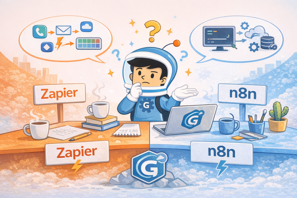 Cartoon GravityWP mascot comparing Zapier and n8n for Gravity Forms automation workflows
