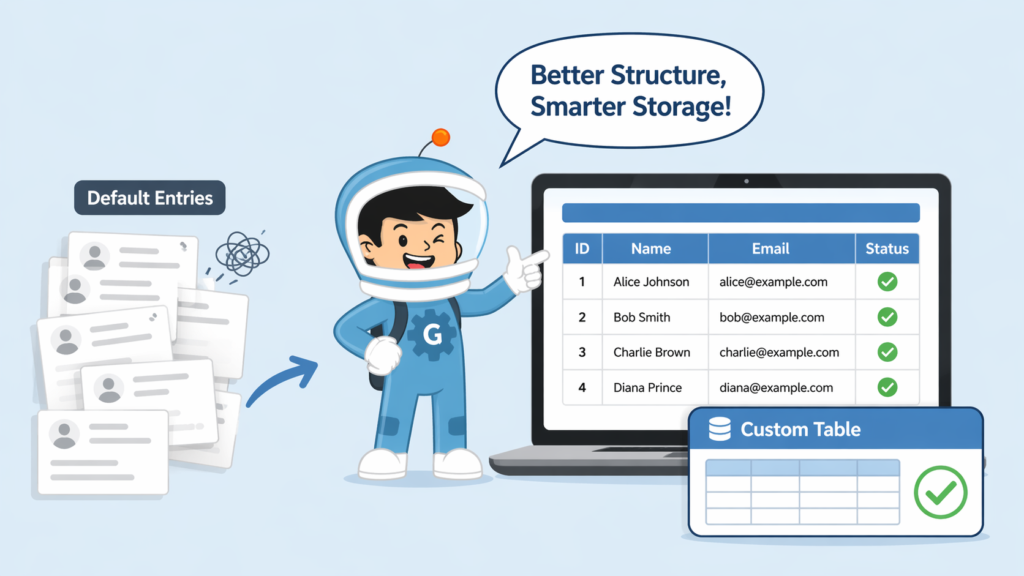 Gravity Forms entry to database illustration showing default entries compared with a custom table for smarter data storage