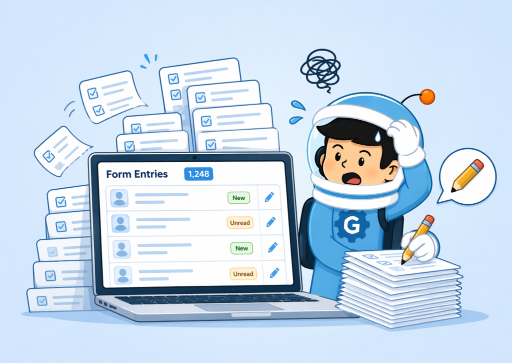 Gravity Forms update multiple entries illustration showing an overwhelmed admin managing large volumes of form entries manually