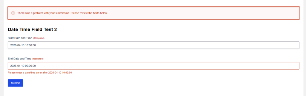 GravityWP DateTime Field – validation message when End Date is earlier than Start Date
