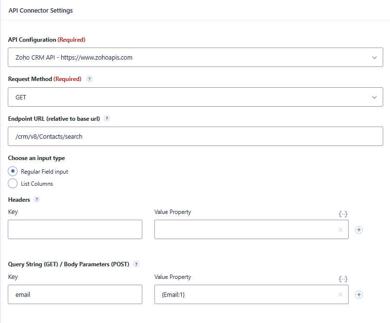 API feed configuration in Gravity Forms for Zoho CRM contact lookup