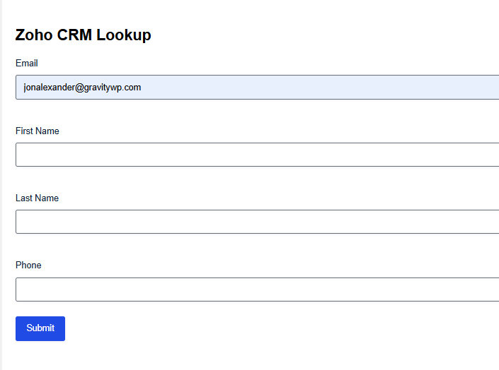 Gravity Forms auto-populated fields from Zoho CRM contact lookup