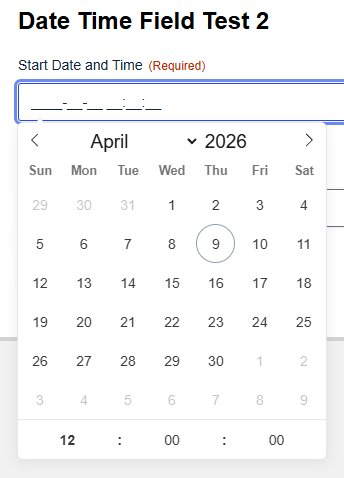 DateTime Field for Gravity Forms showing a field with the date and time picker open on the front end
