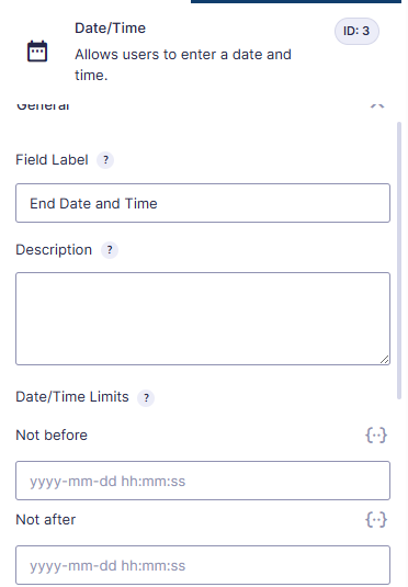 DateTime Field settings in Gravity Forms showing Not before and Not after date and time limits