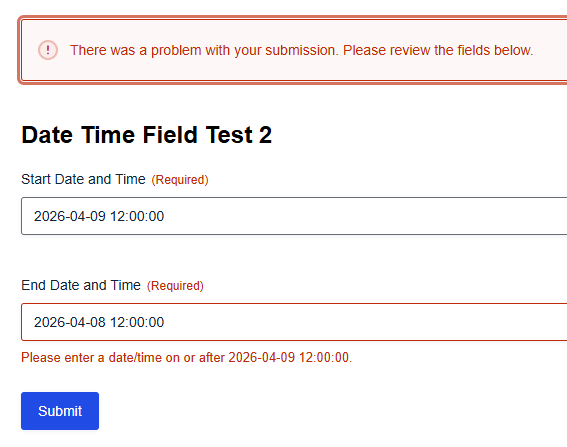 Gravity Forms DateTime Field validation error when the End Date and Time is earlier than the Start Date and Time