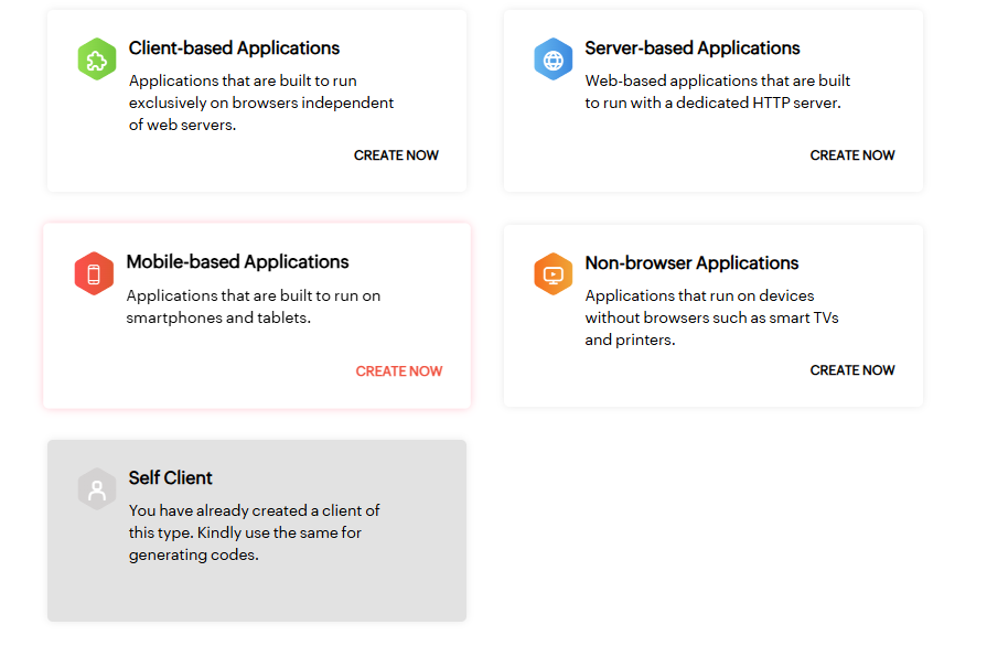 Zoho API Console Self Client creation screen