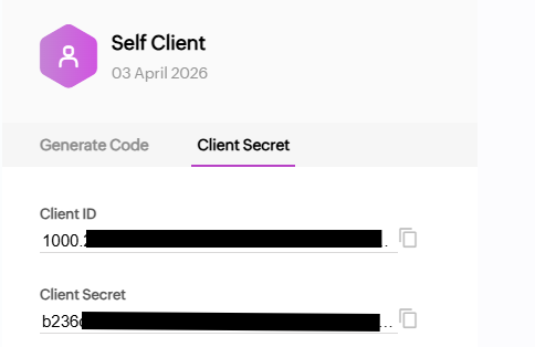 Zoho API Console Self Client credentials screen