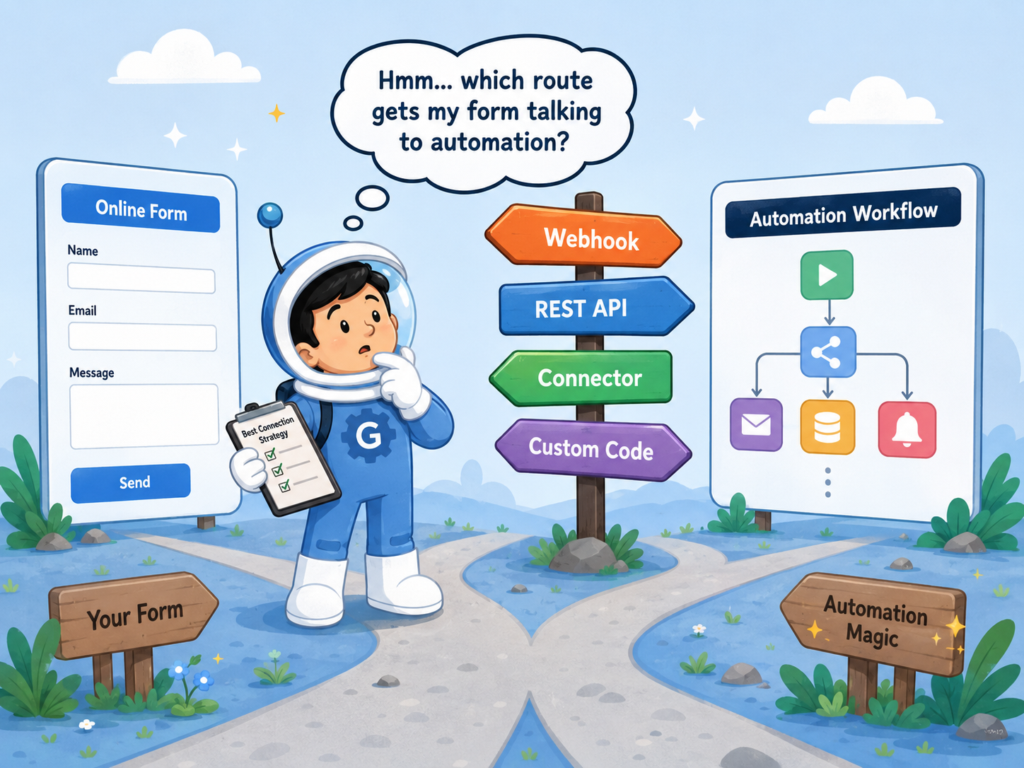 GravityWP astronaut choosing how to connect Gravity Forms to n8n using webhook, REST API, connector, or custom code
