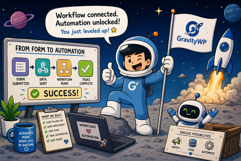 GravityWP astronaut celebrating a successful Gravity Forms to n8n automation workflow