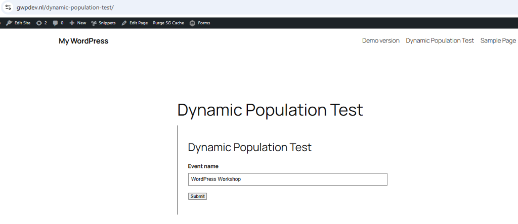 Gravity Forms Event name field with dynamic population enabled and event_name parameter