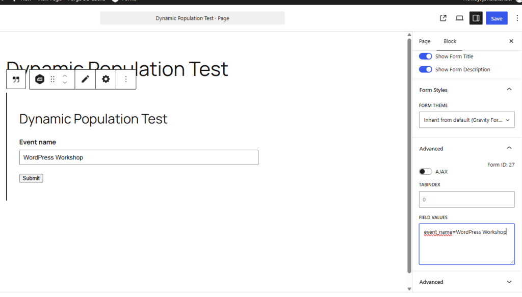 Gravity Forms block Field Values setting using event_name equals WordPress Workshop