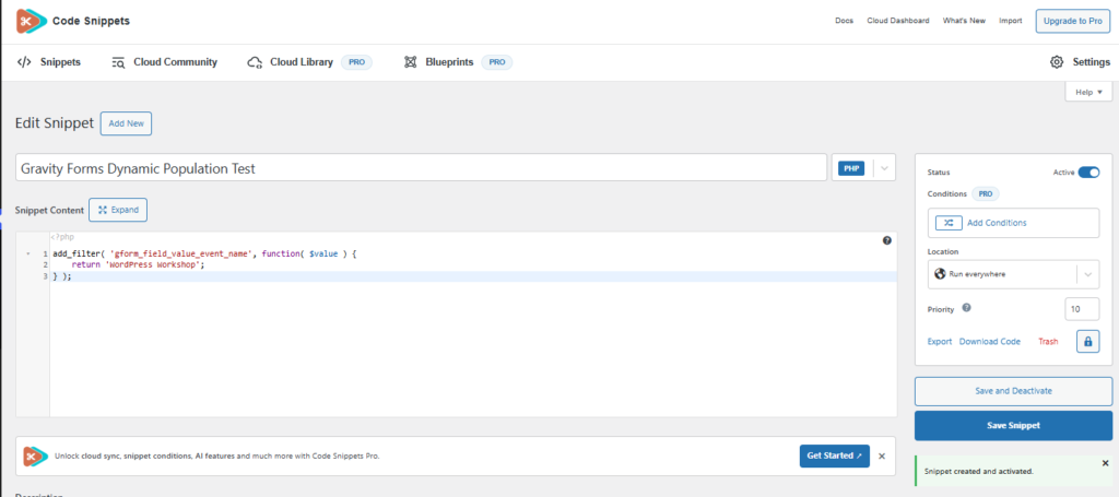 Code Snippets PHP filter gform_field_value_event_name for Gravity Forms dynamic population