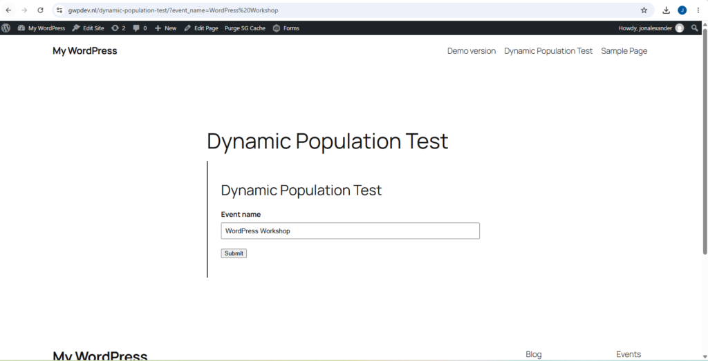 Gravity Forms query string prefill showing WordPress Workshop in the Event name field
