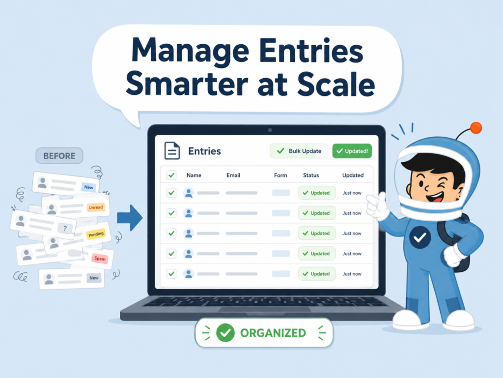 Gravity Forms update multiple entries illustration showing organized bulk entry management and smarter workflow scaling