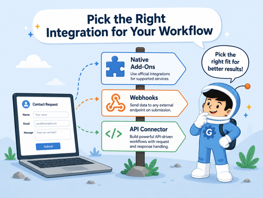 Gravity Forms integrations illustration showing native add-ons, webhooks, and API Connector as different workflow paths
