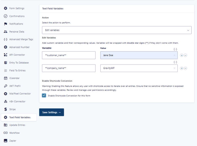 Text Field Variables settings in Gravity Forms showing custom variables and values