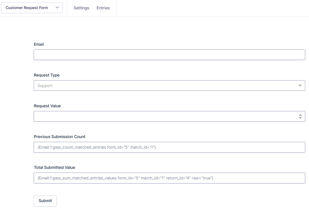 Customer Request Form showing Gravity Forms previous submissions merge tags for count and total value