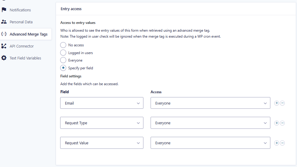 Advanced Merge Tags field access settings for Gravity Forms previous submission lookup