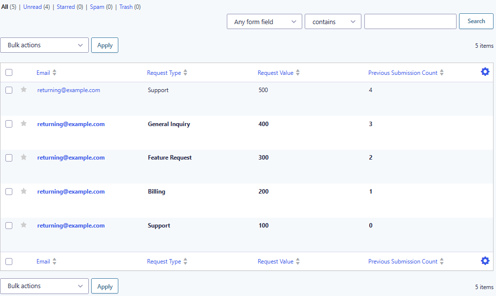 Gravity Forms entries showing previous submission count increasing for the same email address