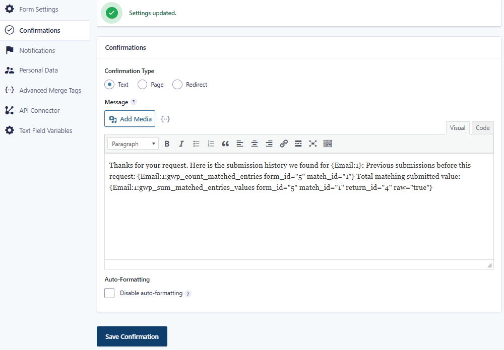 Gravity Forms confirmation message using Advanced Merge Tags to show previous submissions and total submitted value