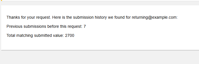 Gravity Forms confirmation showing previous submission count and total matching submitted value