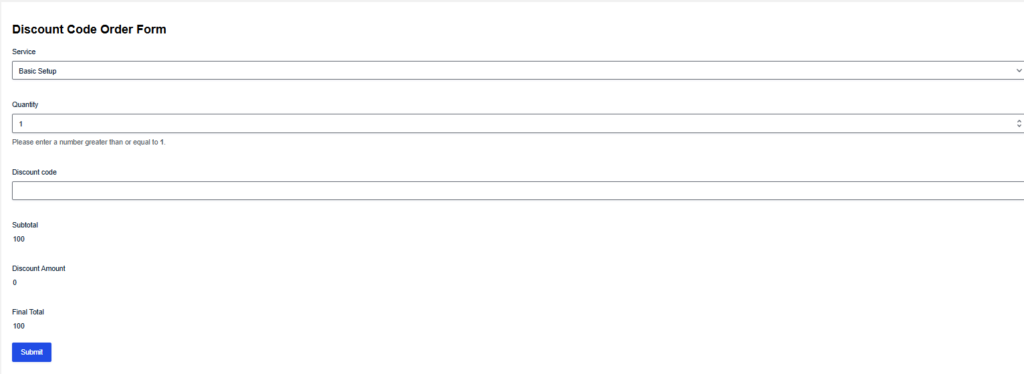 Gravity Forms discount code order form with subtotal, discount amount, and final total fields