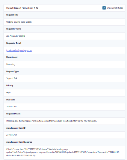 Gravity Forms entry showing saved monday.com item ID and full API response