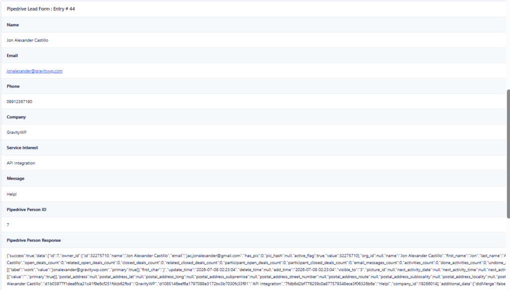 Gravity Forms entry showing the returned Pipedrive Person ID and response