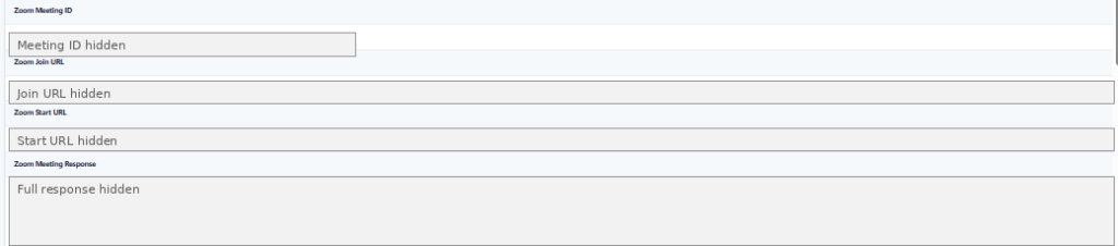 Gravity Forms entry showing saved Zoom meeting details from the Zoom API
