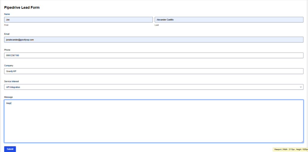 Gravity Forms test submission for Pipedrive integration
