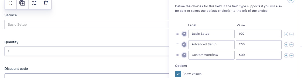 Gravity Forms Service dropdown with Show Values enabled for calculation prices
