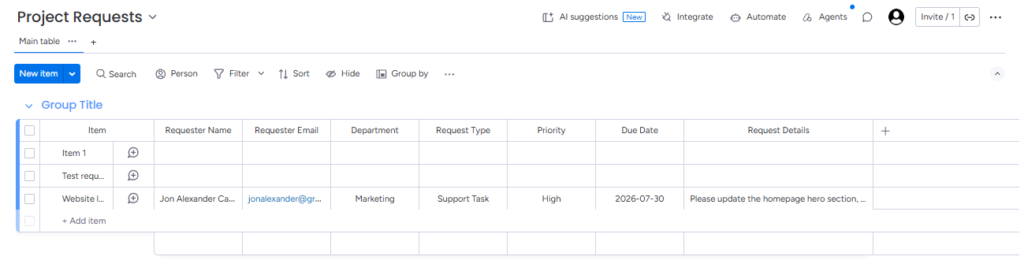 Gravity Forms submission created a new monday.com item with mapped form values