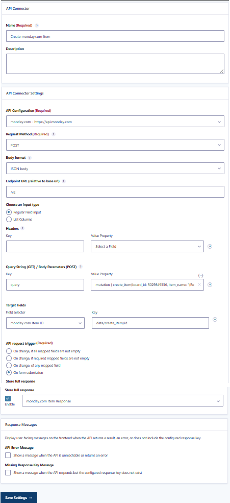 GravityWP API Connector feed sending a monday.com create_item mutation from Gravity Forms