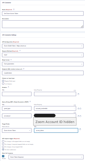 GravityWP API Connector feed for getting a Zoom access token from Gravity Forms