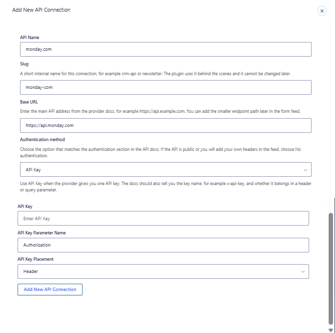 GravityWP API Connector monday.com API connection using Authorization header