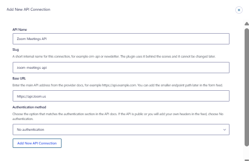 GravityWP API Connector Zoom Meetings API connection with no authentication