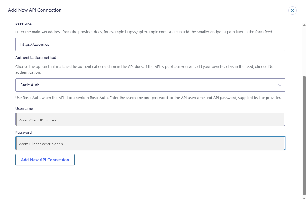 GravityWP API Connector Zoom OAuth Token connection using Basic Auth